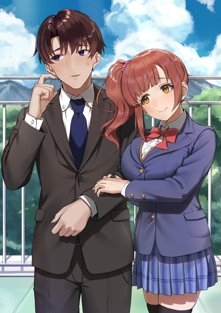 1boy, 1girl, absurdres, arm_hug, averting_eyes, black_hair, black_suit, black_thighhighs