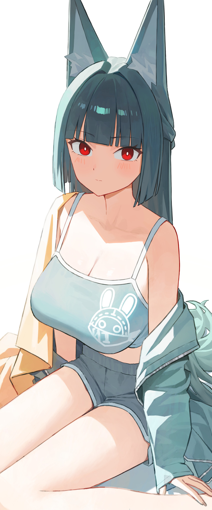 1girl, :|, absurdres, animal_ears, bare_legs, barefoot, black_hair, blunt_bangs