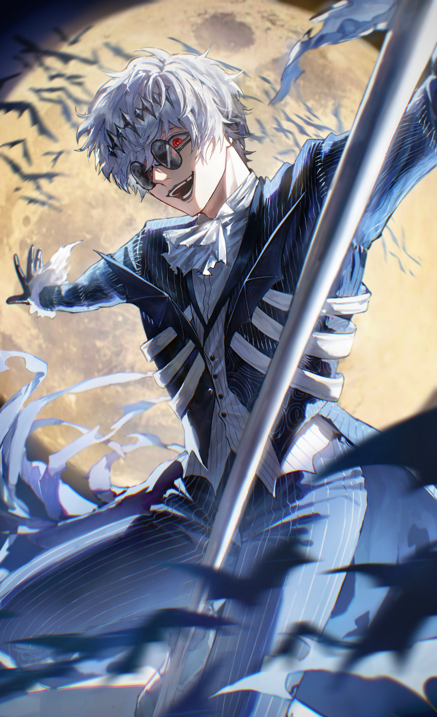 1boy, absurdres, bat_(animal), batori_112234, bishounen, black_crown, contrapposto, crown, diamond_hairband, formal_clothes, full_moon, gloves, halloween, highres, jacket, long_sleeves, looking_at_viewer, male_focus, missing_tooth, moon, moonlight, open_mouth, pinstripe_jacket, pinstripe_pattern, pinstripe_suit, pinstripe_vest, round_eyewear, short_hair, skeleton, skeleton_print, skully_j._graves, smile, solo, stitches, striped_clothes, striped_jacket, striped_vest, suit, sunglasses, the_nightmare_before_christmas, twisted_wonderland, vertical-striped_clothes, vertical-striped_jacket, vertical-striped_vest, vest, white_hair