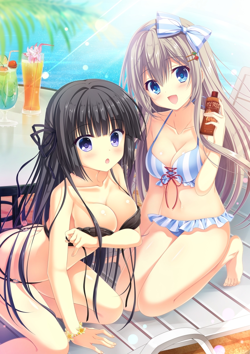 2girls, :d, :o, arm_support, arm_under_breasts, bare_arms, bare_legs, bare_shoulders
