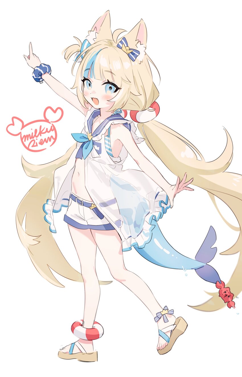 1girl, :d, absurdres, ahoge, animal_ear_fluff, animal_ears, ankle_ribbon, bikini