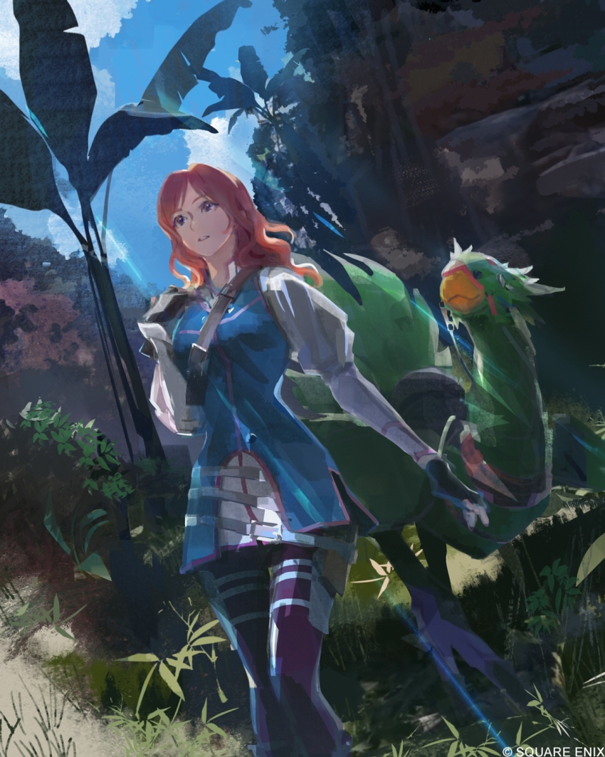 1girl, 1other, beak, chocobo, cissnei, company_name, copyright_notice, feathers, final_fantasy, final_fantasy_vii, final_fantasy_vii_rebirth, final_fantasy_vii_remake, fujise_lisa, gongaga, gongaga_forest, grass, green_feathers, highres, medium_hair, official_art, red_hair, standing, sunlight, tree