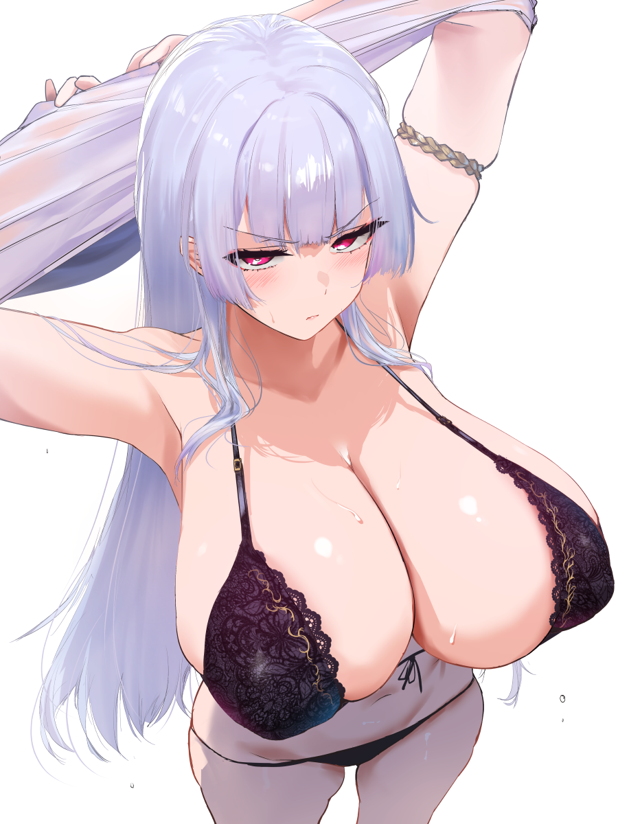1girl, alternate_costume, anesaki, armlet, armpits, arms_up, aschenputtel_(wonderland_wars), bare_shoulders, bikini, bikini_bottom_only, black_bikini, black_bra, blunt_bangs, blush, bra, breasts, cleavage, closed_mouth, clothes_lift, collarbone, commentary, from_above, front-tie_top, gold_armlet, highres, huge_breasts, jewelry, lace, lace-trimmed_bra, lace_trim, long_hair, looking_at_viewer, navel, paid_reward_available, pink_eyes, purple_hair, shirt, sidelocks, simple_background, skindentation, solo, standing, stomach, sweat, swimsuit, thighs, underwear, v-shaped_eyebrows, very_long_hair, wet, white_background, white_shirt, wonderland_wars