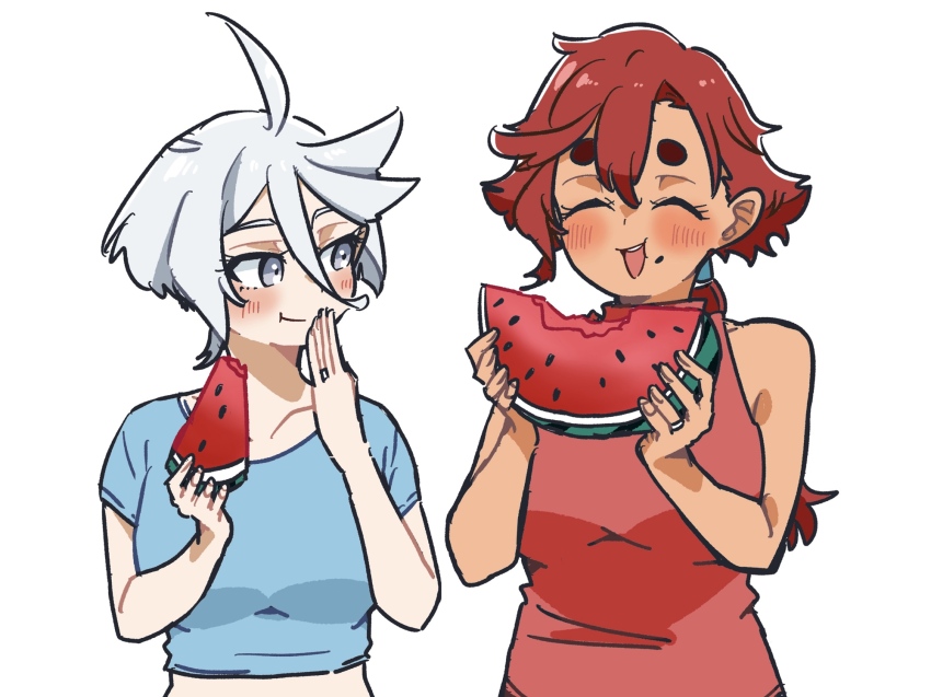 2girls, ahoge, be_go_ichi, blue_shirt, blush, closed_mouth, collarbone, dark-skinned_female