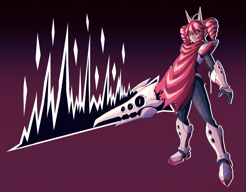 1girl, ?, absurdres, armor, cloak, closed_mouth, drill_hair, fake_horns, full_body, gradient_background, highres, holding, holding_sword, holding_weapon, horned_headwear, horns, kasane_teto, skull, standing, sword, tennasi19, weapon