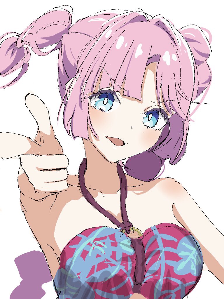 1girl, :d, anyoji_hime, anyoji_hime_(c106_swimsuit), arm_up, armpit_crease, bare_shoulders, blue_eyes, breasts, comiket_106, finger_gun, hair_intakes, halterneck, large_breasts, link!_like!_love_live!, looking_at_viewer, love_live!, multi-tied_hair, official_alternate_costume, open_mouth, pointing, pointing_at_viewer, seaus, smile, solo, twintails, upper_body, v-shaped_eyebrows