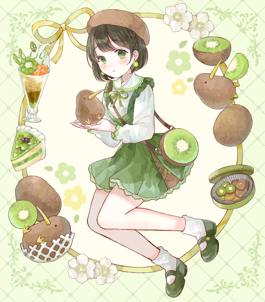 1girl, animal, argyle_background, bag, beret, bird, black_hair, blueberry, blush, braid, brown_hat, buttons, cake, cake_slice, center-flap_bangs, collared_shirt, commentary_request, cookie, dot_nose, dress, dress_shirt, earrings, flower, flower_symbol, food, food-themed_earrings, frilled_dress, frilled_shirt_collar, frills, fruit, full_body, green_background, green_bag, green_dress, green_eyes, green_ribbon, green_shoes, hair_ornament, handbag, hat, highres, holding, holding_animal, holding_bird, jewelry, kiwi_(bird), kiwi_(fruit), kiwi_earrings, kiwi_slice, knees_together_feet_apart, leg_up, lid, long_sleeves, looking_at_viewer, mary_janes, name_connection, neck_ribbon, object_namesake, original, own_hands_together, parted_lips, pinafore_dress, puffy_long_sleeves, puffy_sleeves, ribbon, ribbon_border, shirt, shoes, short_dress, short_hair, shoulder_bag, side_braid, sleeveless, sleeveless_dress, smoothie, socks, solo, southern_brown_kiwi, tententuyu, white_flower, white_shirt, white_socks, x_hair_ornament