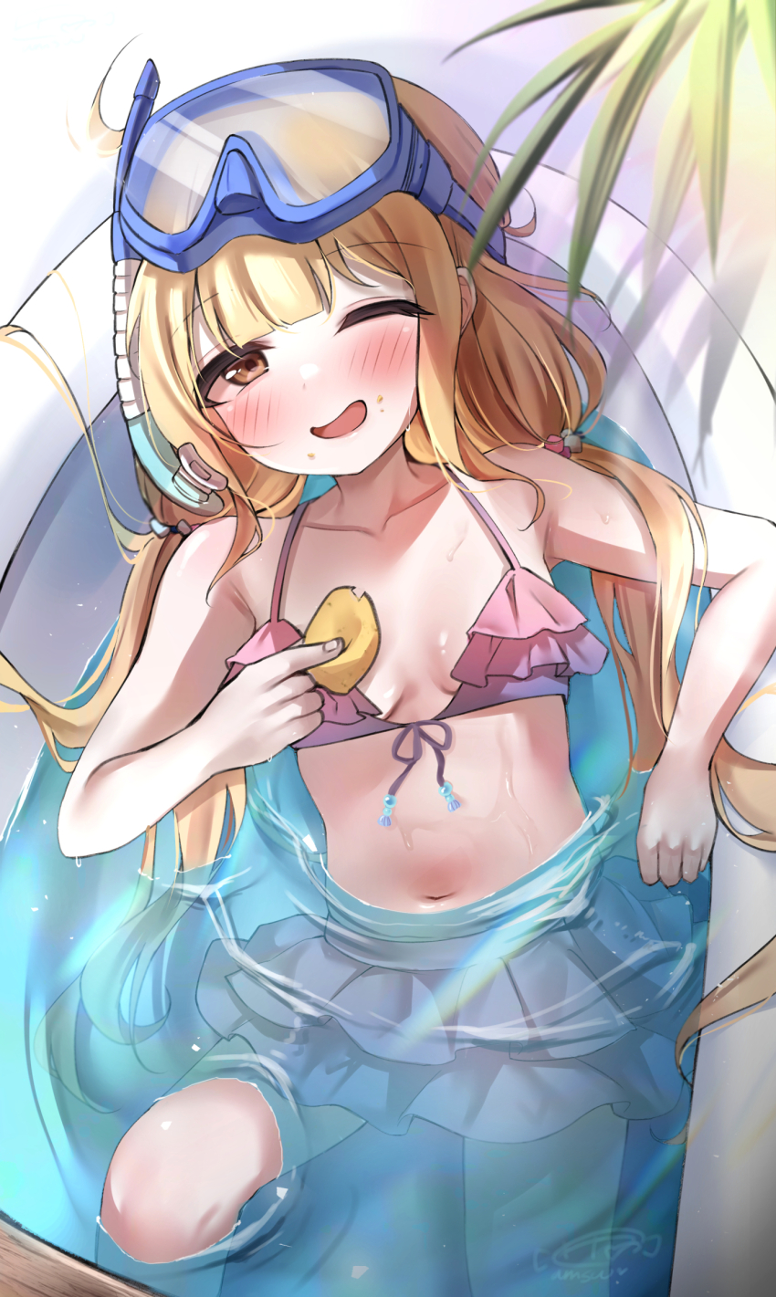 1girl, ;d, aamesawaa, bikini, blonde_hair, blunt_bangs, blush, breasts