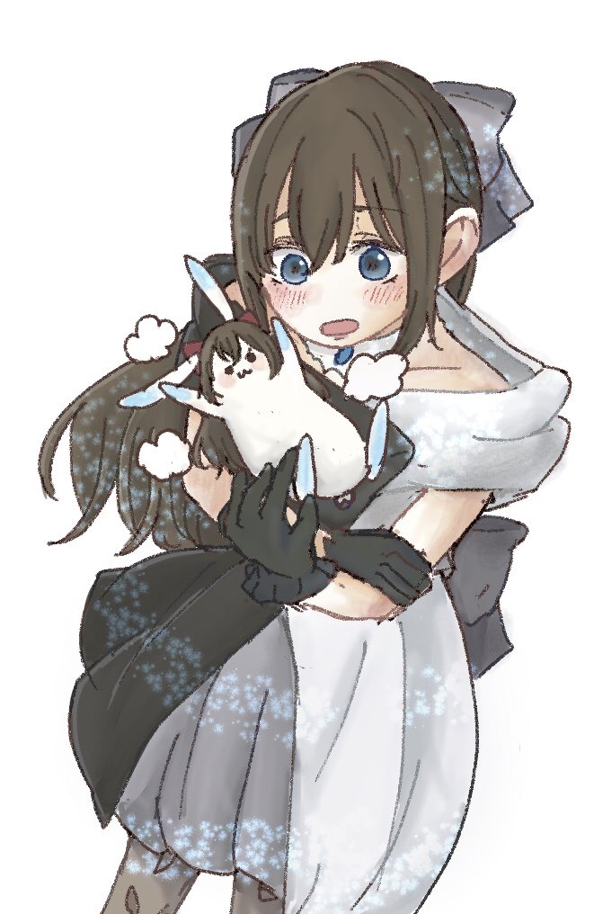 1girl, :3, animal, animal_with_hair, animalization, black_dress, black_gloves, blue_eyes, bow, brown_hair, dress, dual_persona, frilled_gloves, frills, gloves, grey_bow, hair_bow, half_updo, holding, holding_animal, holding_rabbit, long_hair, love_live!, love_live!_nijigasaki_high_school_idol_club, mochi_(mamelive228), open_mouth, osaka_shizuku, person_and_animalization, rabbit, red_bow, simple_background, solitude_rain_(love_live!), split-color_clothes, white_background, white_dress