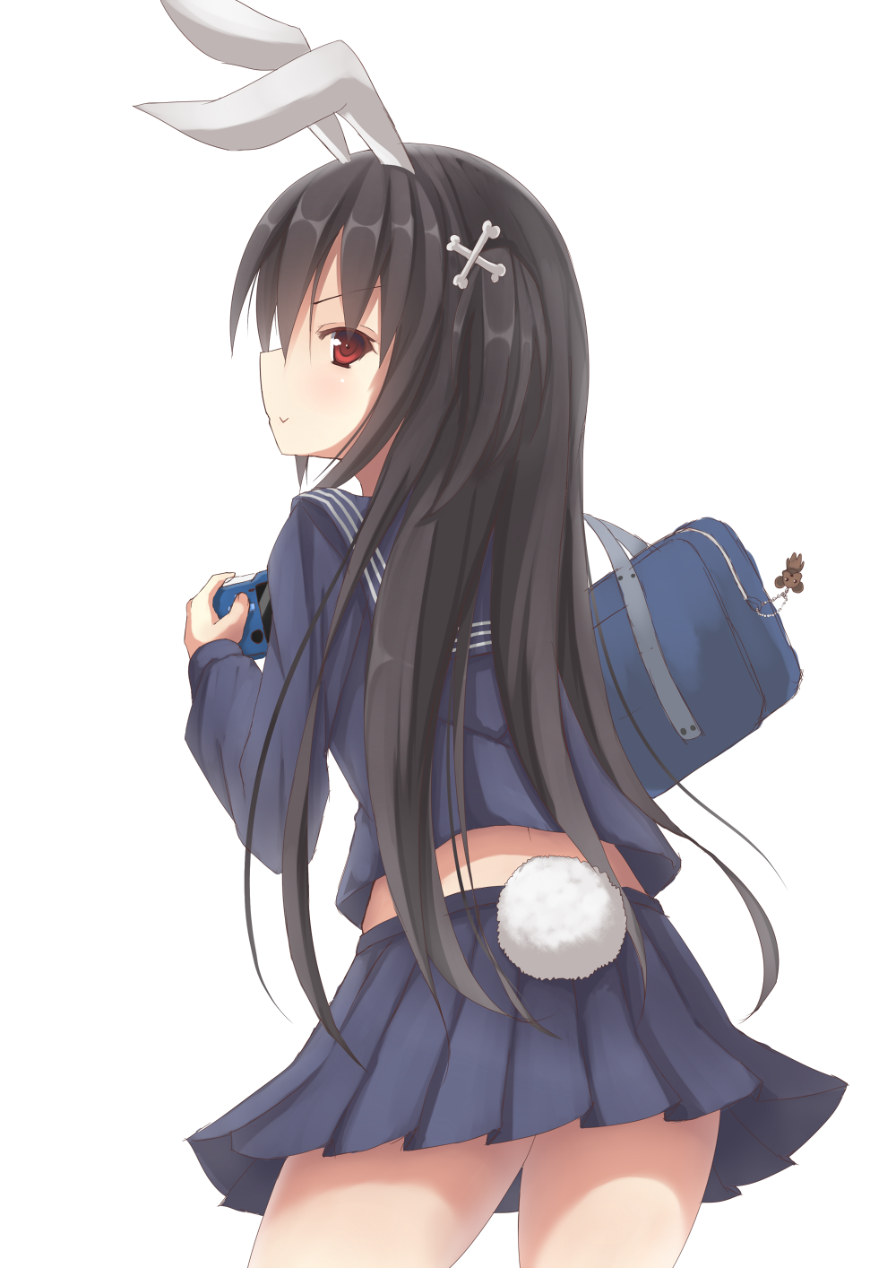 1girl, animal_ears, bag, female_focus, from_behind, hair_ornament, hairclip, handheld_game_console