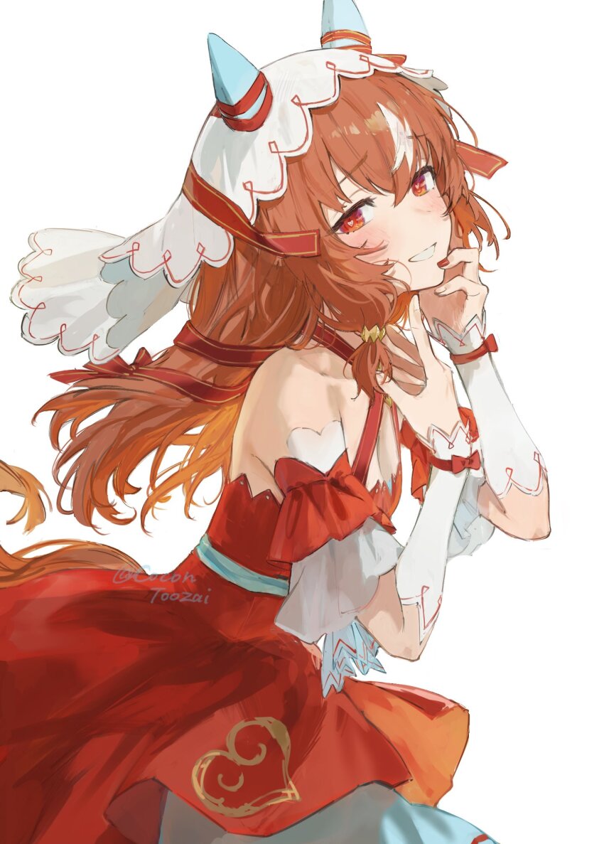 1girl, animal_ears, bare_shoulders, blush, breasts, brown_hair, cleavage, cocontoozai