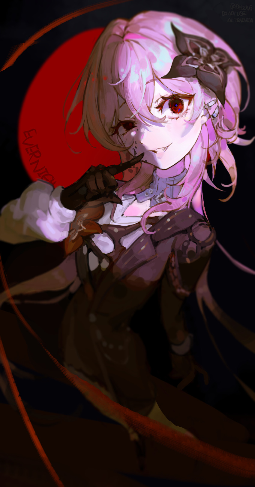 1girl, absurdres, black_dress, black_flower, black_gloves, character_name, commentary_request, d_yoong, dress, evernight_(honkai:_star_rail), fang, flower, gloves, grin, hair_between_eyes, hair_flower, hair_ornament, highres, honkai:_star_rail, honkai_(series), long_hair, long_sleeves, looking_at_viewer, march_7th_(honkai:_star_rail), official_alternate_costume, official_alternate_eye_color, pink_hair, red_eyes, simple_background, smile, solo, upper_body