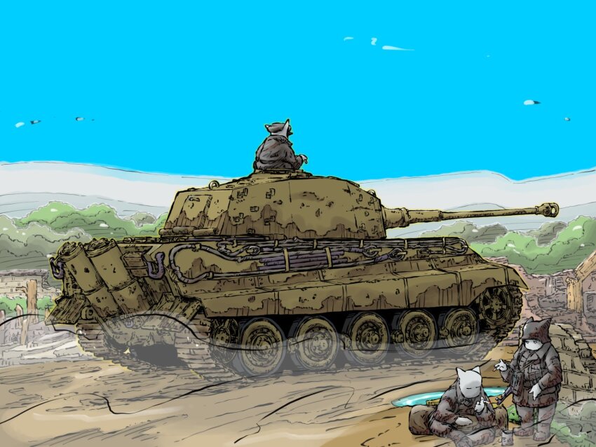 3boys, ammunition_pouch, blue_sky, brick_wall, caterpillar_tracks, cigarette, combat_helmet, helmet