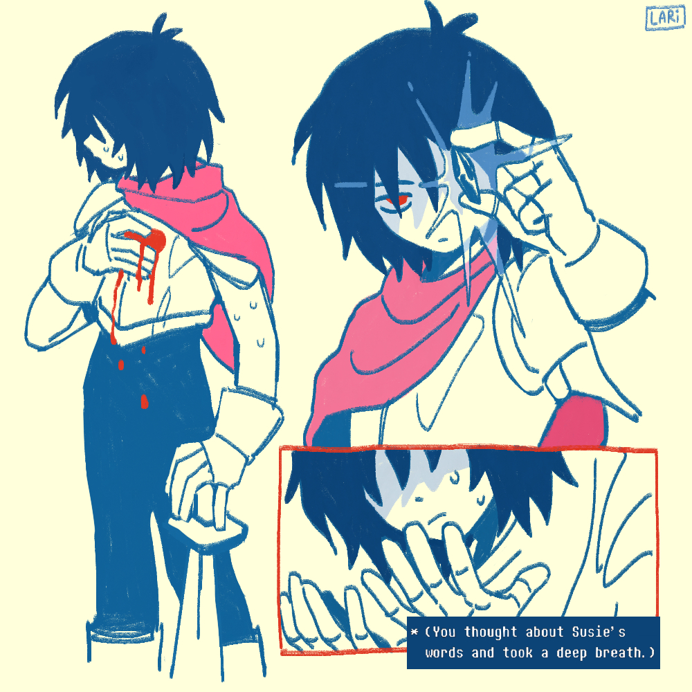 1other, armor, artist_name, asymmetrical_cape, black_gem, bleeding, blood, blood_on_chest, blue_bodysuit, blue_hair, bodysuit, boots, breastplate, cape, commentary, crystal, deltarune, english_text, gauntlets, gem, heart, holding, holding_crystal, holding_sword, holding_weapon, kris_(dark_world)_(deltarune), kris_(deltarune), lariily, limited_palette, medium_hair, monochrome, multiple_views, pauldrons, pink_cape, red_eyes, shoulder_armor, solo, soul_(deltarune), spot_color, sweat, sword, utdr_(toby_fox), weapon, wood_blade_(deltarune)