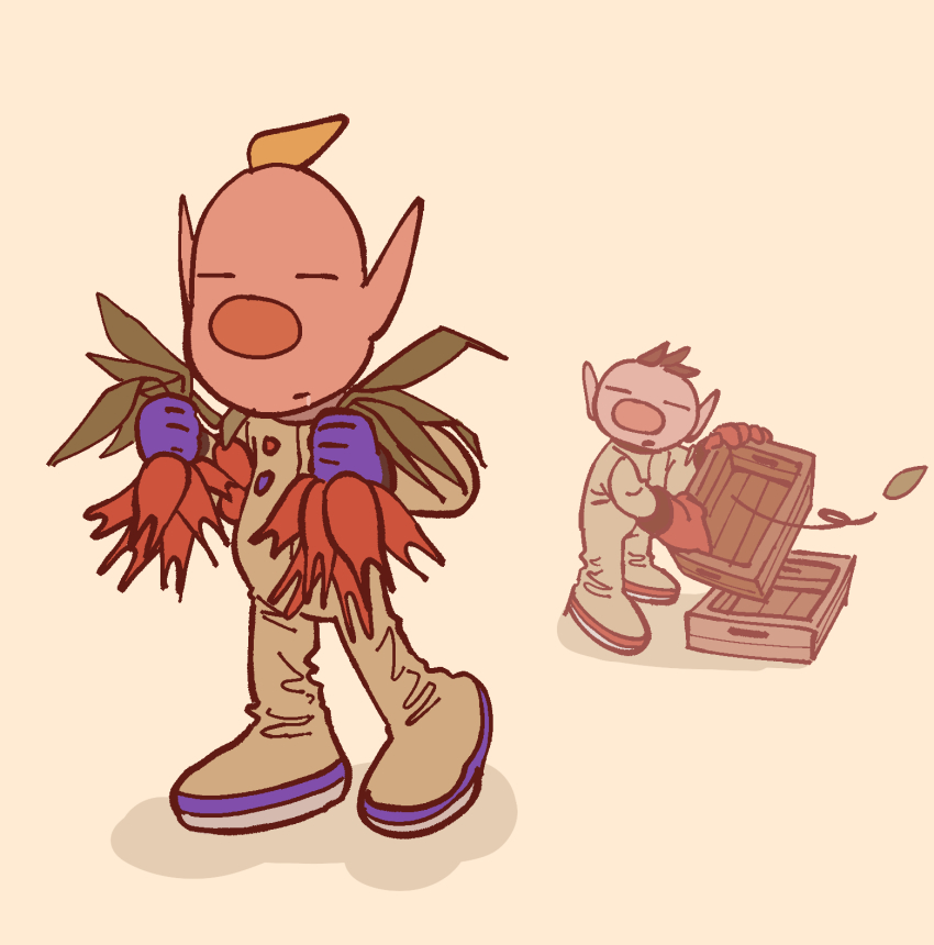 2boys, large_nose, blonde_hair, blue_gloves, brown_hair, buttons, carrot, closed_eyes