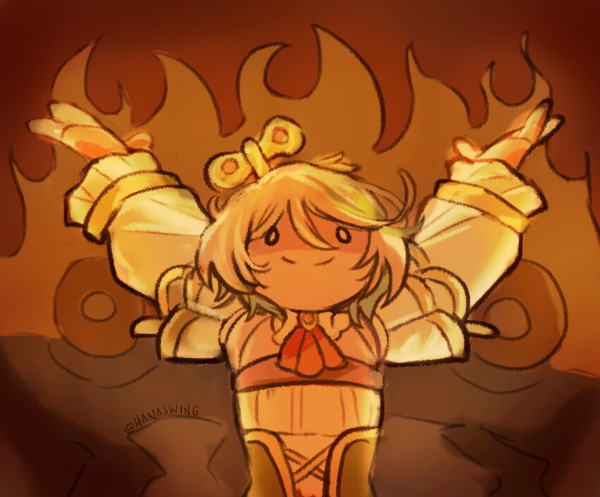 1girl, arms_up, ascot, cecilia_immergreen, cecilia_immergreen_(1st_costume), closed_mouth, colored_inner_hair, commentary