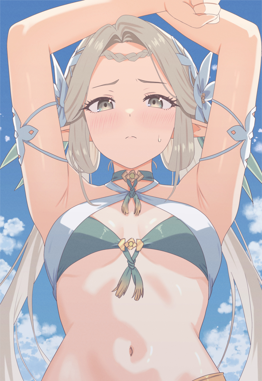 1girl, absurdres, armpit_lips, armpits, arms_up, bare_shoulders, bikini, blush, braid, breasts, choker, closed_mouth, commentary, criss-cross_halter, elf, epic_seven, flower, frown, green_bikini, green_choker, grey_eyes, grey_hair, hair_flower, hair_ornament, halterneck, highres, iseria_(epic_seven), konnzyou, long_hair, looking_at_viewer, low_twintails, medium_breasts, multicolored_bikini, navel, parted_bangs, pointy_ears, solo, stomach, summertime_iseria_(epic_seven), sweatdrop, swimsuit, twintails, two-tone_bikini, upper_body, white_bikini