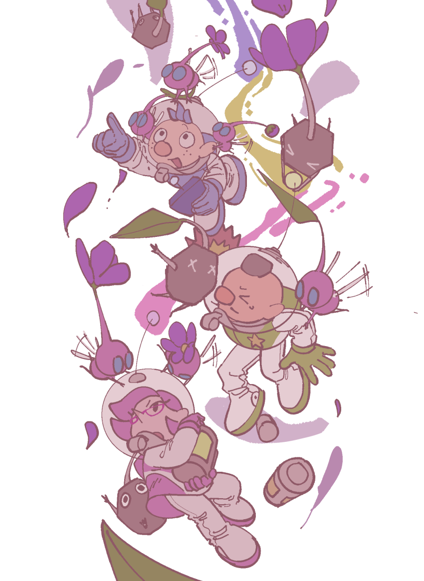 >_<, 1girl, 2boys, afterimage, alph_(pikmin), backpack, bag, large_nose