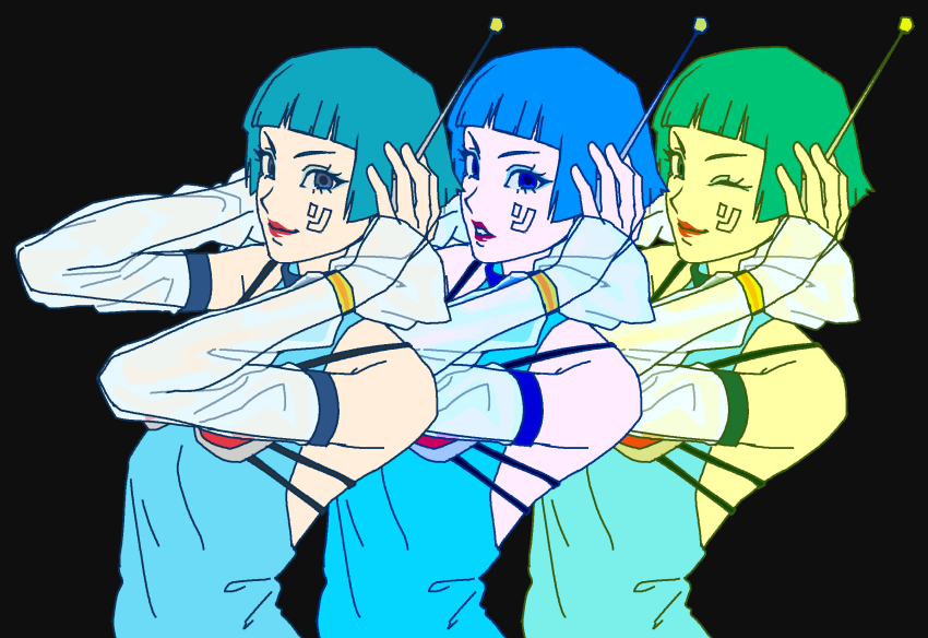 1girl, aqua_hair, bare_shoulders, bis_(jsr), black_background, blue_eyes, blue_hair, blue_shirt, detached_sleeves, grey_eyes, hands_on_headphones, headphones, highres, jet_set_radio, jet_set_radio_future, multiple_views, one_eye_closed, parted_lips, pnrcs2, recursion, shirt, simple_background, sleeveless, smile, upper_body, v-shaped_eyebrows