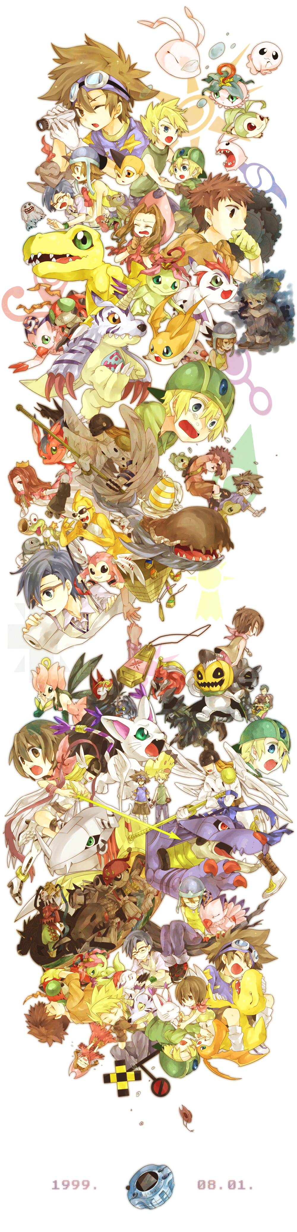 3girls, 5boys, absurdres, agumon, angemon, angewomon, bag, bakemon