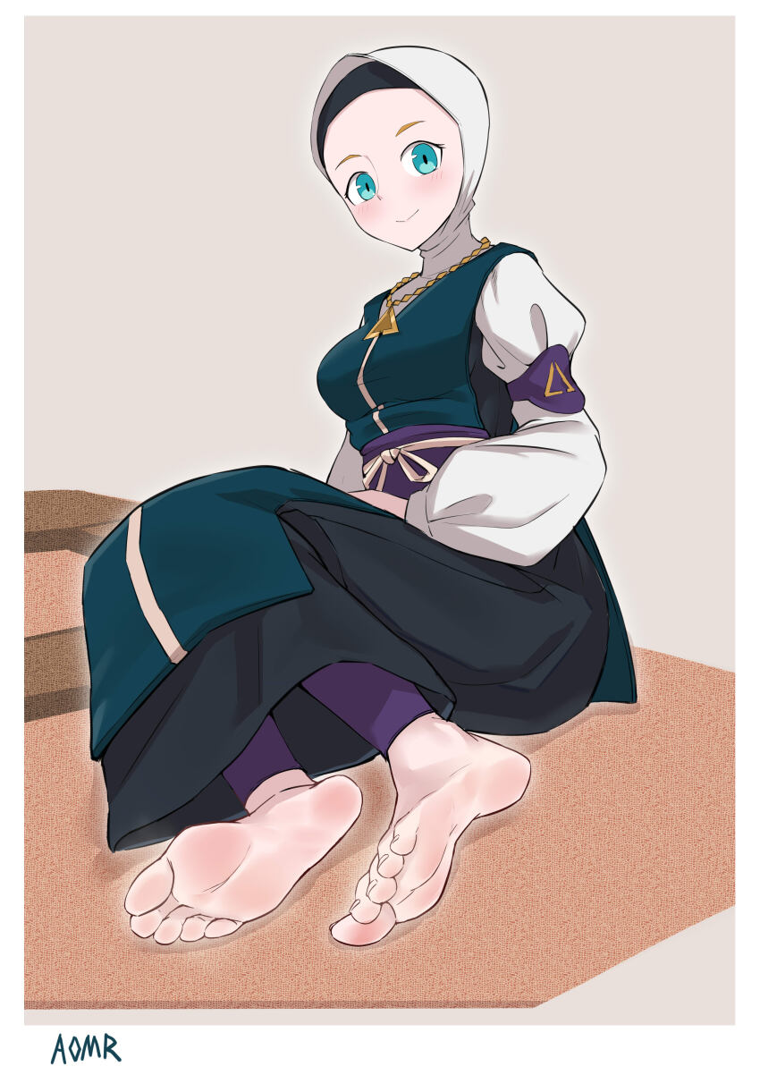 1girl, absurdres, aomoro, barefoot, blush, feet, green_eyes, headpiece