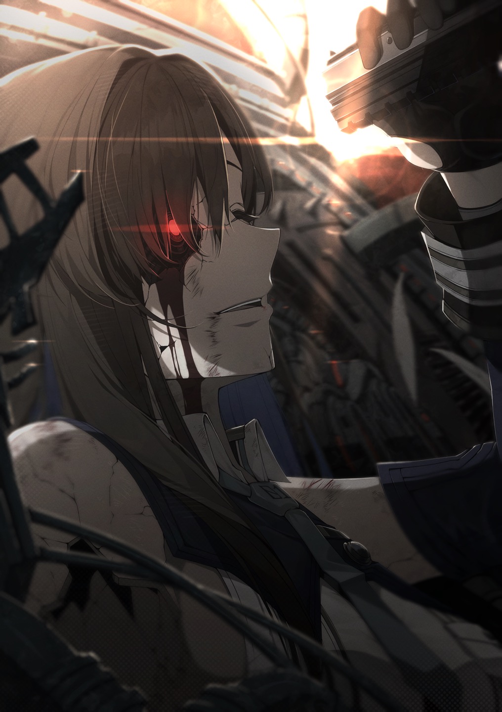 1girl, aiming, android, black_gloves, blood, bloody_tears, blue_necktie, breasts