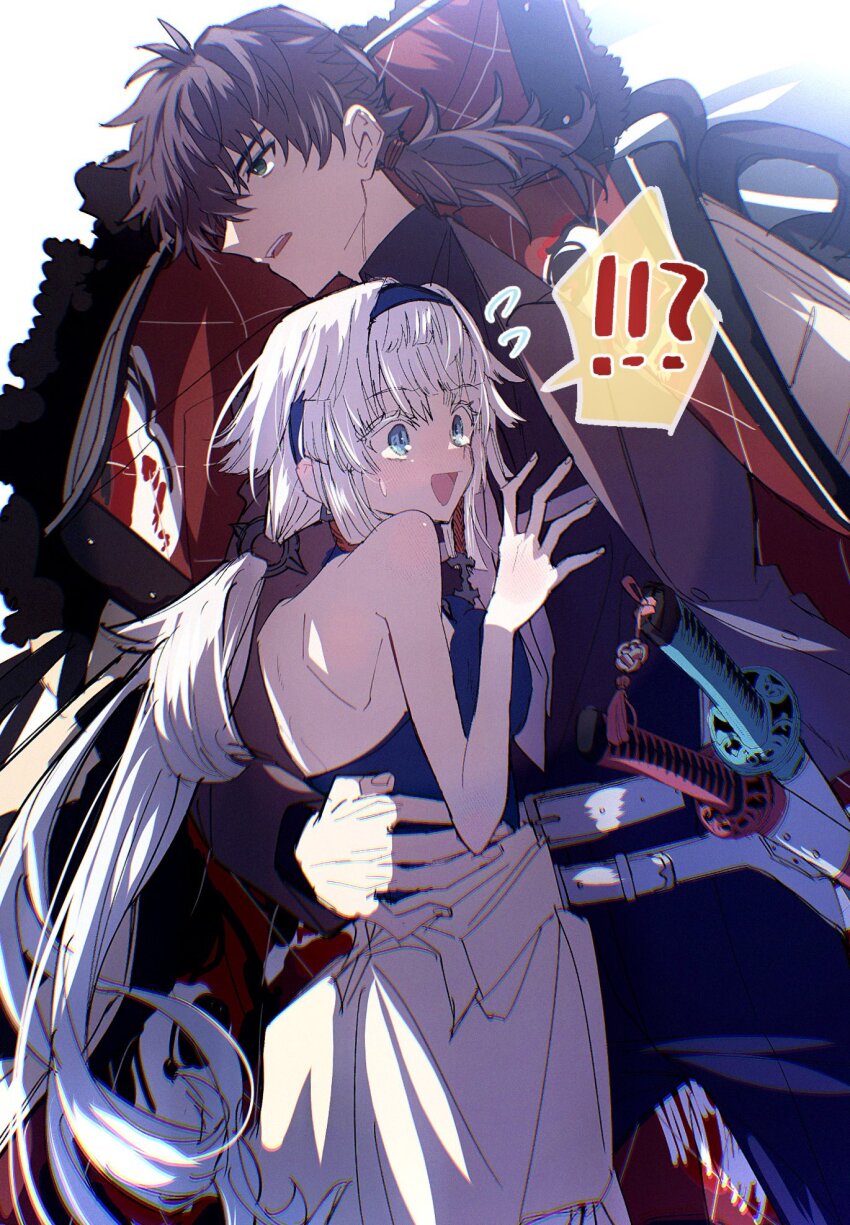 !?, 1boy, 1girl, backless_outfit, belt, black_hair, black_pants, black_shirt