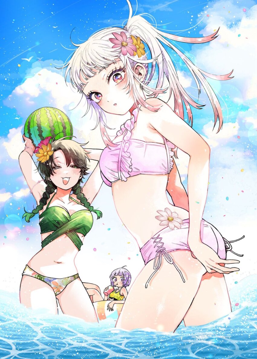 3girls, adjusting_clothes, adjusting_swimsuit, bikini, black_eyes, black_hair, blue_sky, blush, braid, breasts, cloud, cloudy_sky, commentary, day, drinking, flower, food, fruit, hair_flower, hair_ornament, harekawa_shinta, highres, holding, kintetsu_tsumugi, long_hair, looking_at_viewer, momose_akira_(hatsukoi), momose_akira_no_hatsukoi_hatan_chuu., multiple_girls, ocean, official_art, onimai_meimei, open_mouth, outdoors, ponytail, purple_eyes, purple_hair, short_hair, sky, smile, summer, swim_ring, swimsuit, twin_braids, water, watermelon, waves