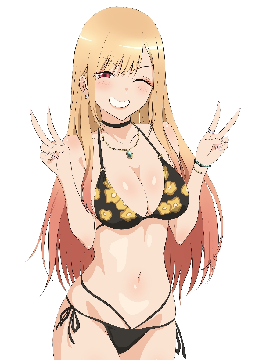 1girl, bikini, black_bikini, black_choker, blonde_hair, bracelet, breasts, choker, cleavage, commentary, cowboy_shot, double_v, earrings, grin, hands_up, jewelry, kitagawa_marin, long_hair, looking_at_viewer, medium_breasts, miato, navel, necklace, one_eye_closed, red_eyes, ring, simple_background, smile, solo, sono_bisque_doll_wa_koi_wo_suru, stomach, swimsuit, v, very_long_hair, white_background