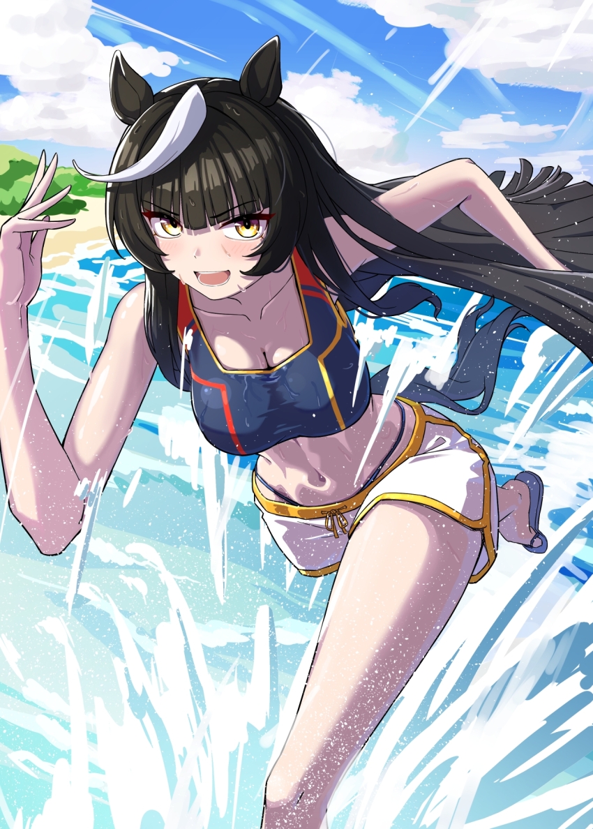 1girl, alternate_costume, animal_ears, beach, black_hair, black_sports_bra, blue_sky, blush