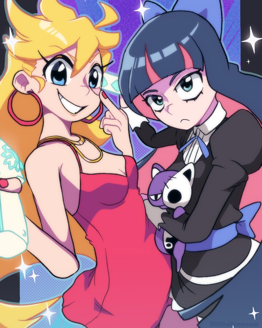 2girls, absurdres, back_bow, ben-day_dots, billdadinosaur, black_dress, blonde_hair, blue_bow