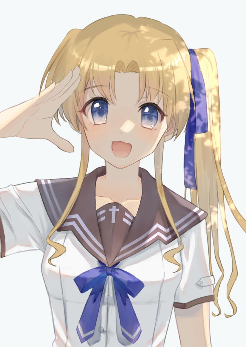 1girl, blonde_hair, blue_eyes, blue_ribbon, brown_sailor_collar, collarbone, ef_(visual_novel), hayama_mizuki
