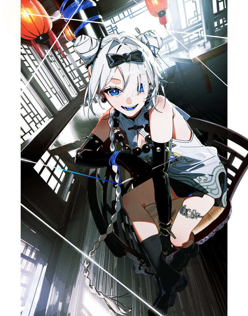 1girl, :d, absurdres, bare_shoulders, bead_necklace, beads, black_boots, black_bow