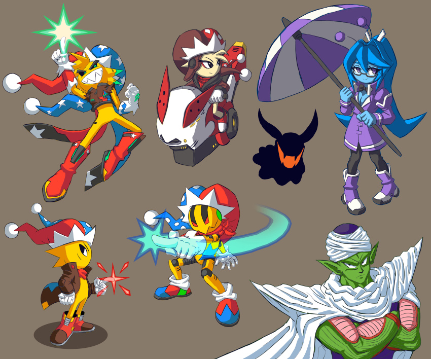 absurdres, choco_(spark_the_electric_jester_3), cloak, drawpile_(medium), eram_(deltarune), fark_(spark_the_electric_jester), full_body, glasses, hat, highres, holding, holding_umbrella, hover_bike, jacket, jester_cap, paint_chat_(medium), piccolo, scarf, sfarx_(spark_the_electric_jester_3), simple_background, spark_the_electric_jester, spark_the_electric_jester_(series), sparkle, standing, tennasi19, umbrella