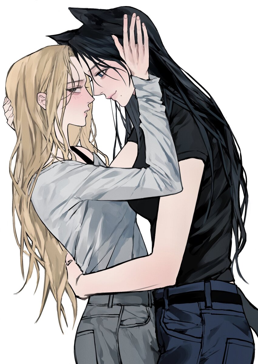 2girls, absurdres, aespa, animal_ears, black_eyes, black_hair, black_pants, black_shirt