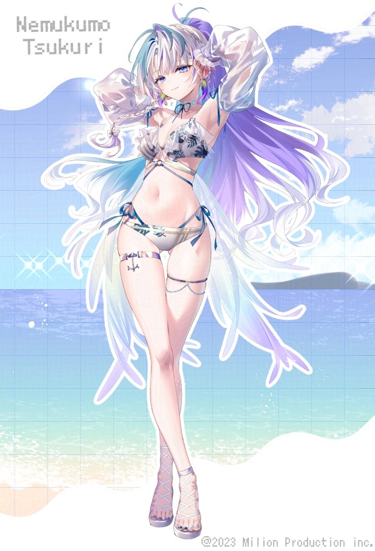 1girl, armpits, arms_up, bare_shoulders, bikini, breasts, choker, commentary_request