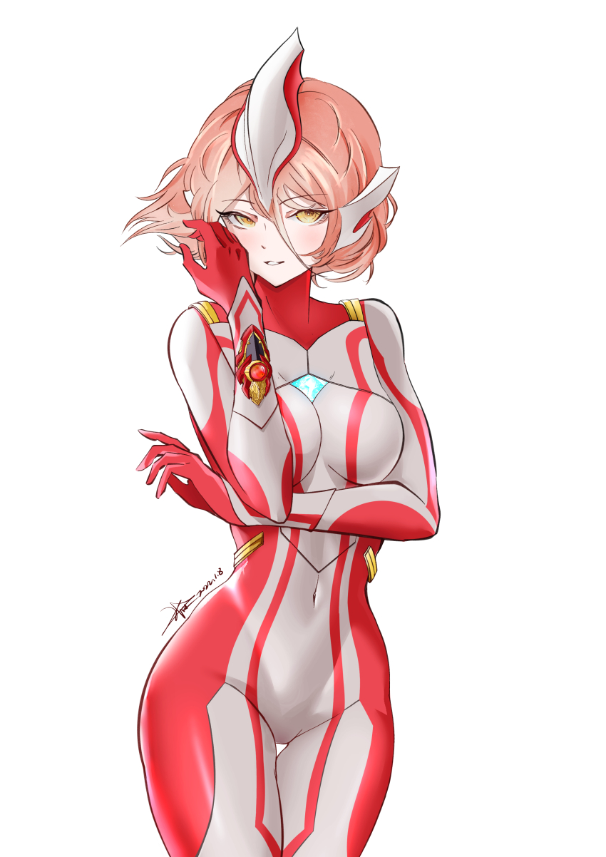 1girl, absurdres, arm_guards, arm_under_breasts, blush, bodysuit, breasts, chinese_commentary