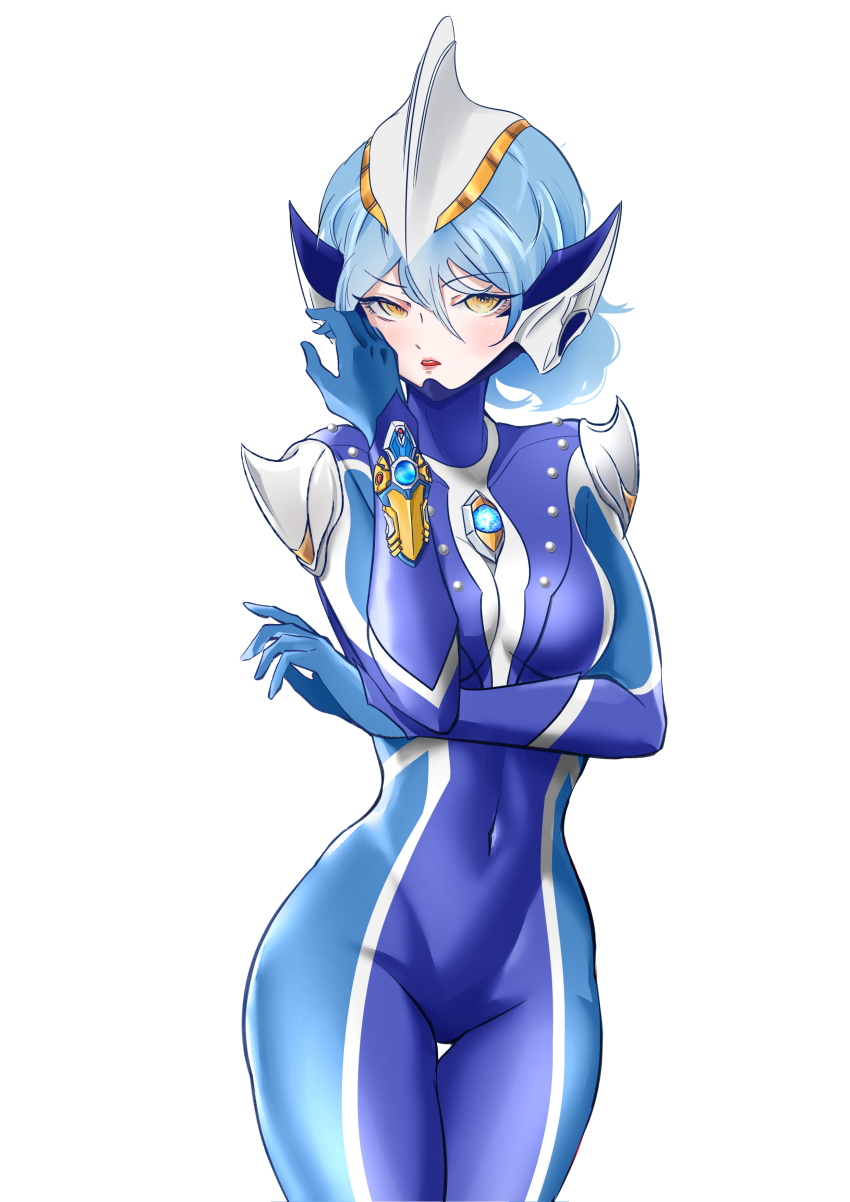1girl, absurdres, arm_guards, arm_under_breasts, blue_bodysuit, blue_gloves, blue_hair, blush, bodysuit, breasts, chinese_commentary, color_timer, commentary, contrapposto, covered_navel, cowboy_shot, dorsal_fin, floating_hair, genderswap, genderswap_(mtf), gloves, hair_between_eyes, hand_on_own_cheek, hand_on_own_face, headgear, highres, humanization, knight_brace, legs_together, lipstick, looking_at_viewer, makeup, medium_breasts, multicolored_bodysuit, parted_lips, pointy_ears, short_hair, shoulder_pads, silver_bodysuit, simple_background, skin_tight, solo, studs, tokusatsu, two-tone_bodysuit, ultra_series, ultraman_hikari, ultraman_mebius_(series), white_background, wide_hips, yellow_eyes, yi_(user_jwth4284)