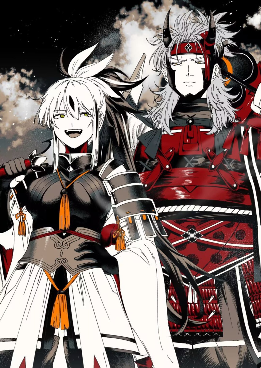 1boy, 1girl, armor, black_hair, breasts, cloud, cowboy_shot, fate/grand_order