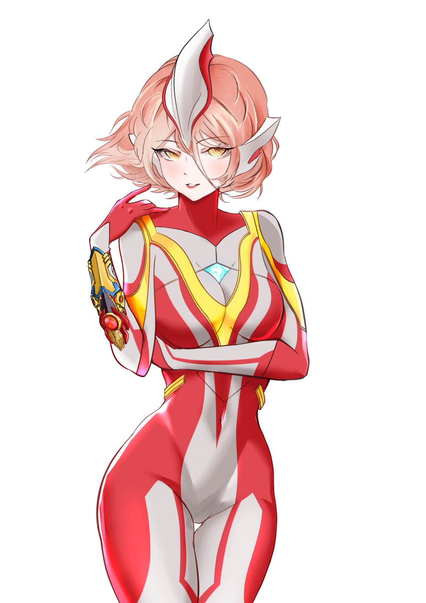 1girl, absurdres, arm_guards, arm_under_breasts, blush, bodysuit, breasts, chinese_commentary