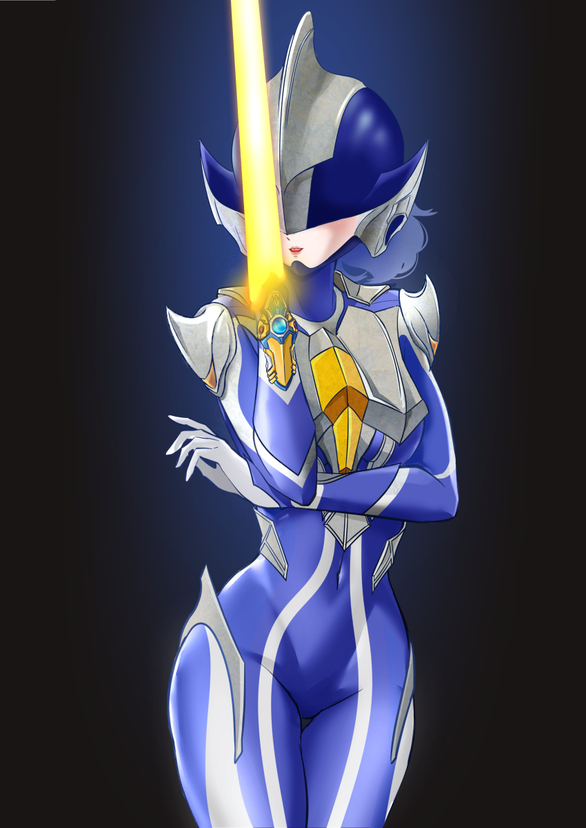 1girl, absurdres, arm_blade, arm_guards, arm_under_breasts, armor, armored_bodysuit, blue_bodysuit