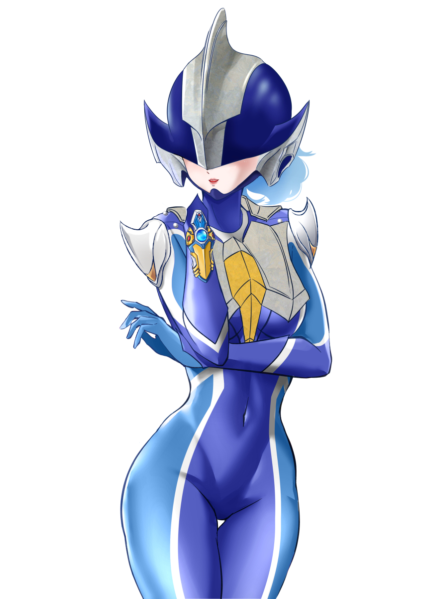 1girl, absurdres, arm_guards, arm_under_breasts, armor, armored_bodysuit, blue_bodysuit, blue_gloves