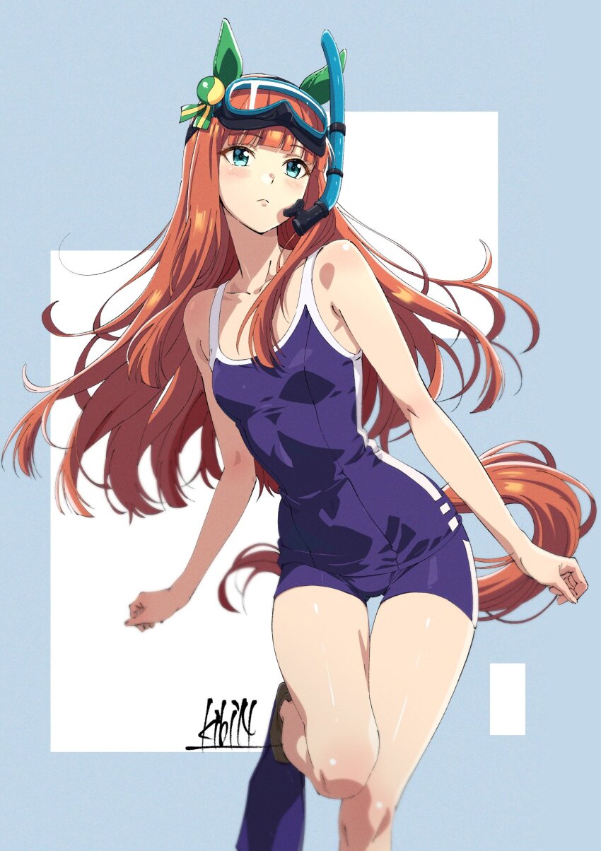1girl, animal_ears, bare_shoulders, blue_eyes, blue_one-piece_swimsuit, blunt_bangs, blush, bow