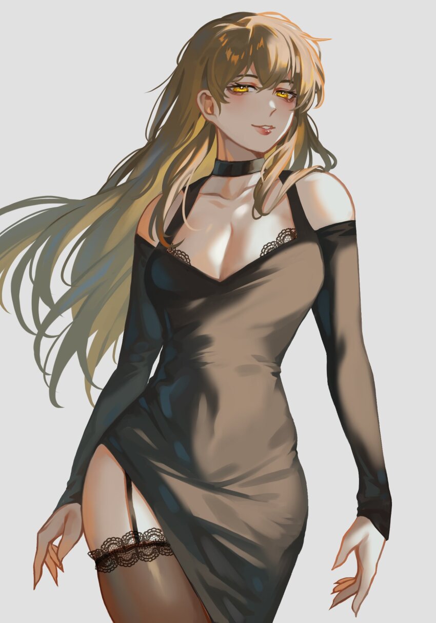 1girl, black_choker, black_dress, black_pantyhose, black_thighhighs, breasts, brown_hair, choker