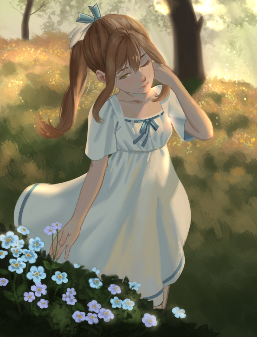 1girl, brown_hair, dawn, day, diene_(epic_seven), dress, epic_seven, female_focus