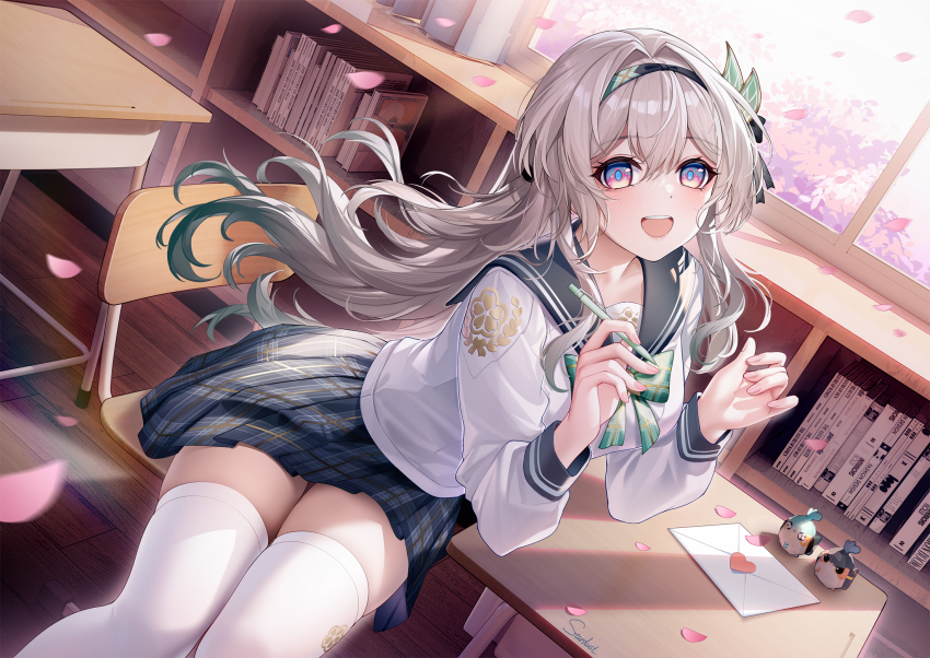 1girl, black_hairband, blue_pupils, book, bookshelf, bow, bowtie, chair, classroom, commentary_request, day, desk, elbow_rest, falling_petals, feet_out_of_frame, firefly_(birefly)_(honkai:_star_rail), firefly_(honkai:_star_rail), firefly_(spring_missive)_(honkai:_star_rail), floating_hair, gradient_hair, green_bow, green_bowtie, grey_hair, grey_sailor_collar, grey_skirt, hair_between_eyes, hair_ornament, hairband, hands_up, happy, highres, holding, holding_pencil, honkai:_star_rail, honkai_(series), indoors, letter, long_hair, long_sleeves, looking_at_viewer, love_letter, mechanical_pencil, multicolored_eyes, multicolored_hair, official_alternate_costume, on_chair, open_mouth, origami_bird_(honkai:_star_rail), pencil, petals, pink_petals, plaid_bow, plaid_bowtie, plaid_clothes, plaid_skirt, sailor_collar, school_chair, school_desk, school_uniform, serafuku, shirt, signature, sitting, skirt, solo, stardust_(chen'ai_weiding), teeth, thighhighs, trailblazer_(honkai:_star_rail), trailblazer_(trailbirder)_(honkai:_star_rail), two-tone_eyes, upper_teeth_only, white_shirt, white_thighhighs, window, wooden_floor, zettai_ryouiki