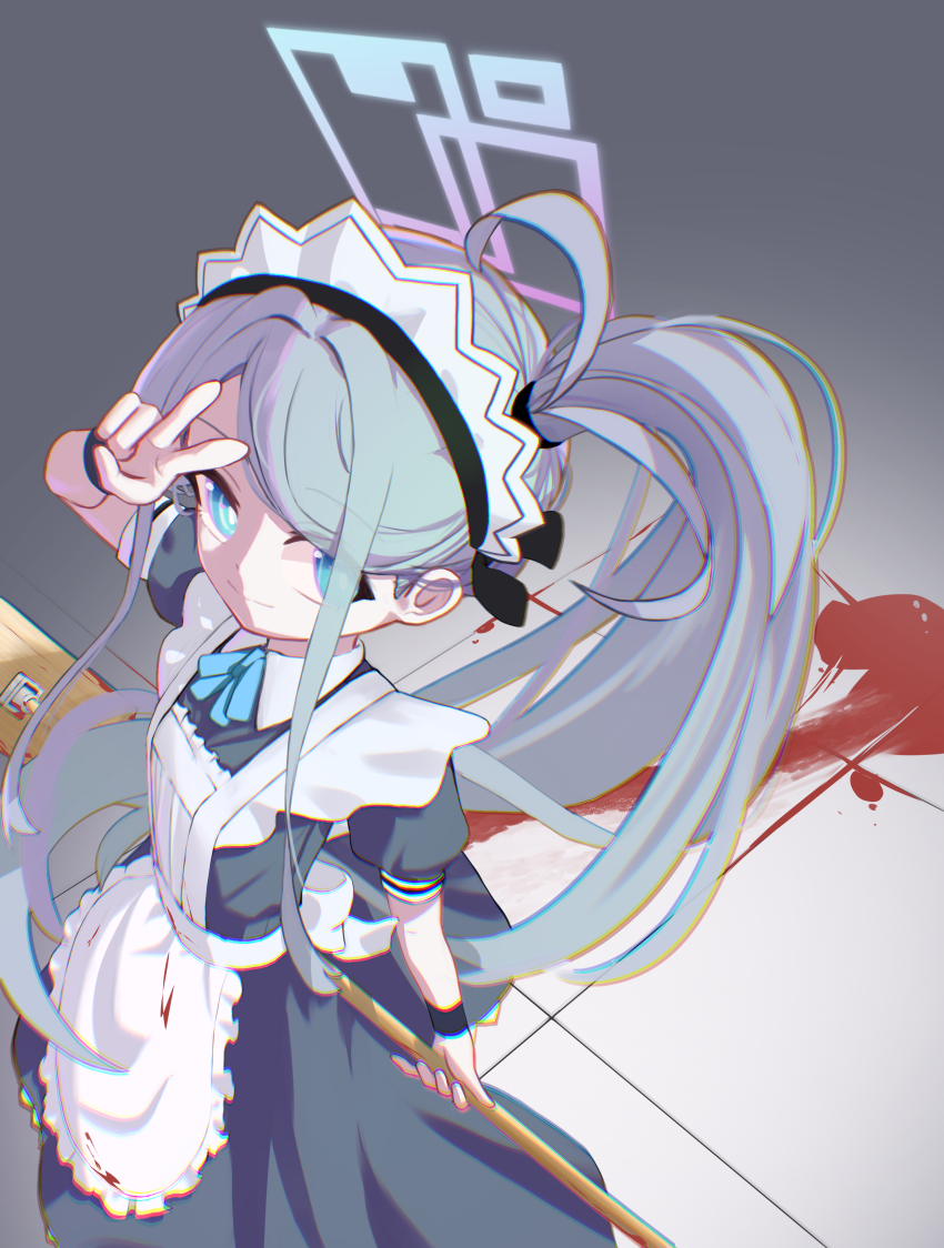 1girl, absurdres, apron, aqua_eyes, aqua_halo, aris_(blue_archive), aris_(maid)_(blue_archive), arm_up