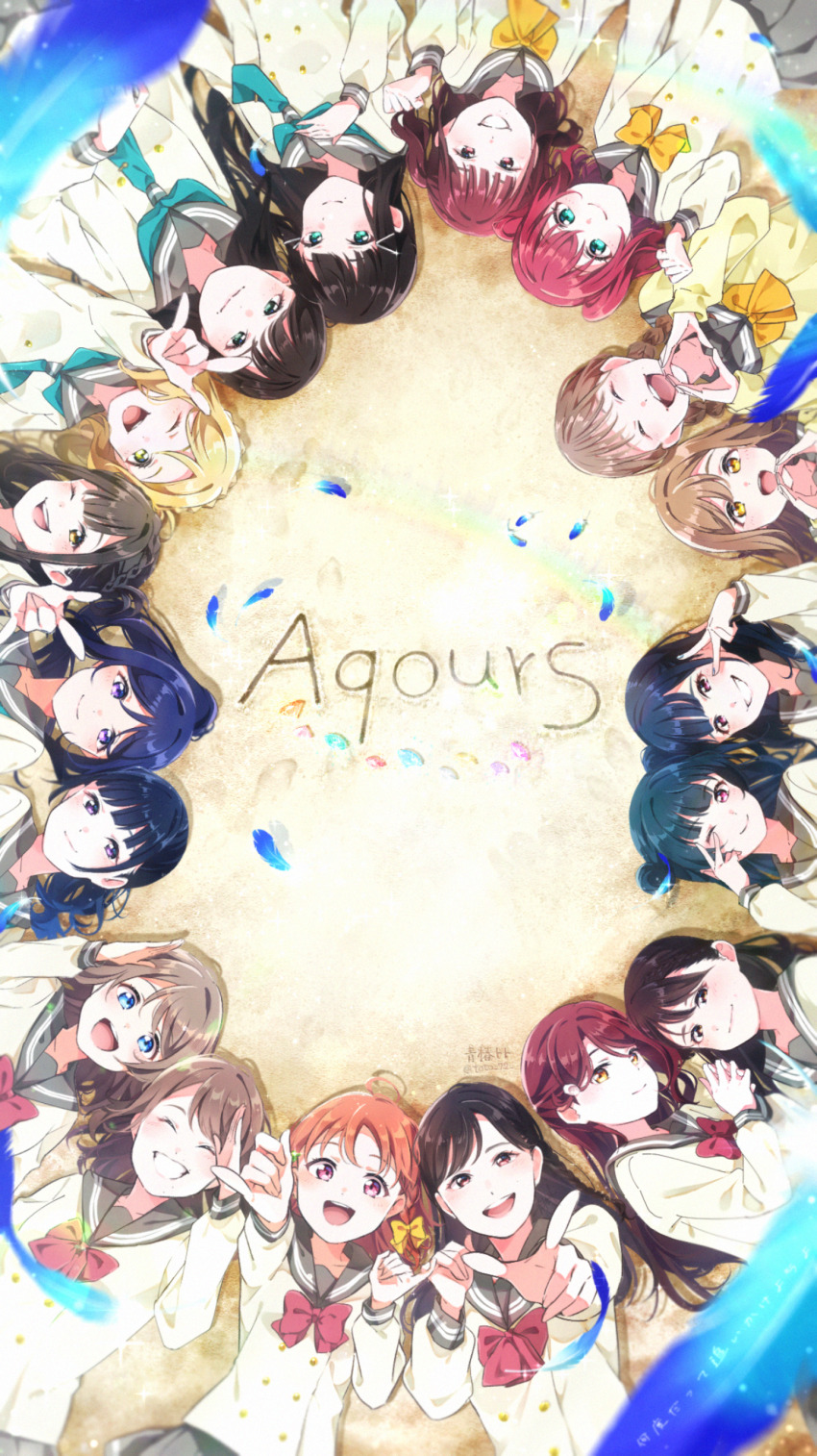 6+girls, absurdres, ahoge, aida_rikako, aotsubaki_toto, beach, black_hair, blonde_hair