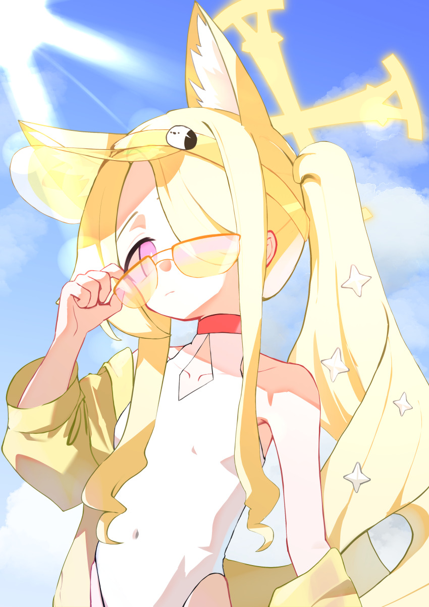 1girl, above-cleavage_cutout, absurdres, adjusting_eyewear, animal_ear_fluff, animal_ears, bare_shoulders, blonde_hair