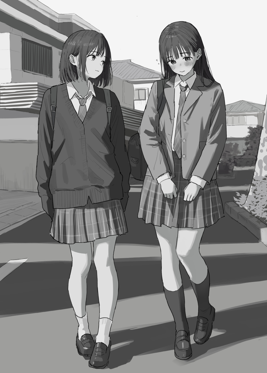 2girls, absurdres, akipeko, ankle_socks, black_socks, blazer, blunt_bangs, blush, buttons, cardigan, comiket_106, greyscale, hand_on_skirt, highres, jacket, kneehighs, light_smile, loafers, long_hair, looking_at_another, looking_down, monochrome, multiple_girls, necktie, original, outdoors, plaid_clothes, plaid_necktie, plaid_skirt, pleated_skirt, school_uniform, shoes, short_hair, skirt, socks, town, townscape, walking, white_socks, yuri
